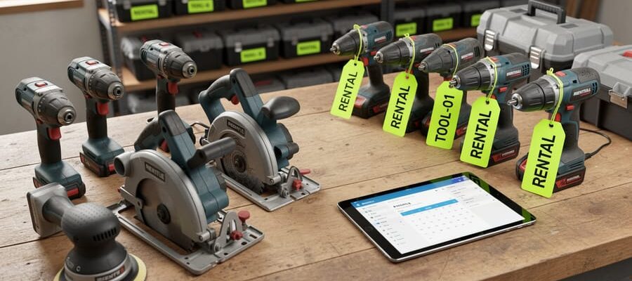 Organized workshop bench with owned tools on the left, rental tools on the right marked by bright tags, and a smartphone and tablet nearby with blurred tracking screens; shelves and uniform hard cases softly blurred in the background