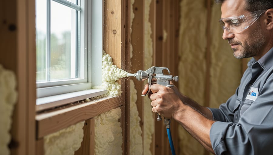 Construction worker applying spray foam insulation to seal gaps around window frame