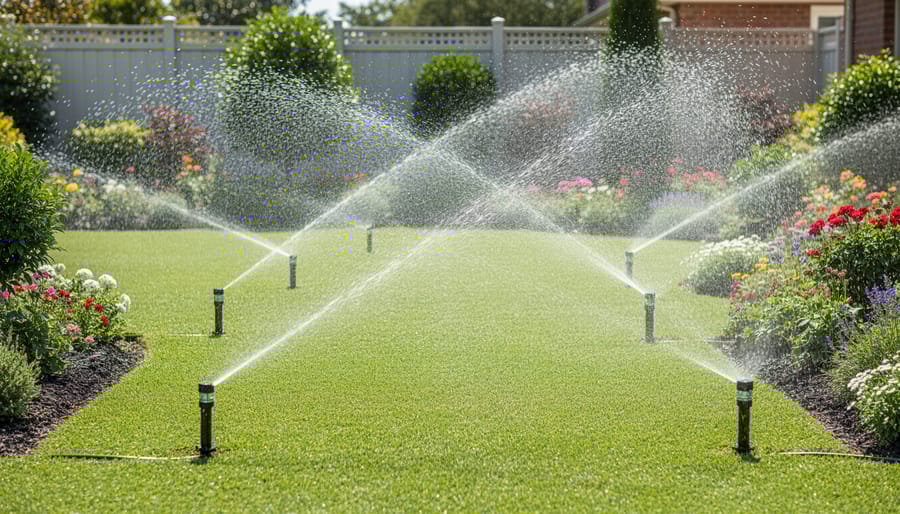 Water spraying from adjustable sprinkler head mounted on PVC pipe in garden