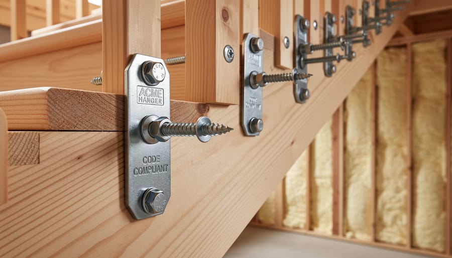 Close-up of metal bracket connecting deck stair stringer to deck structure