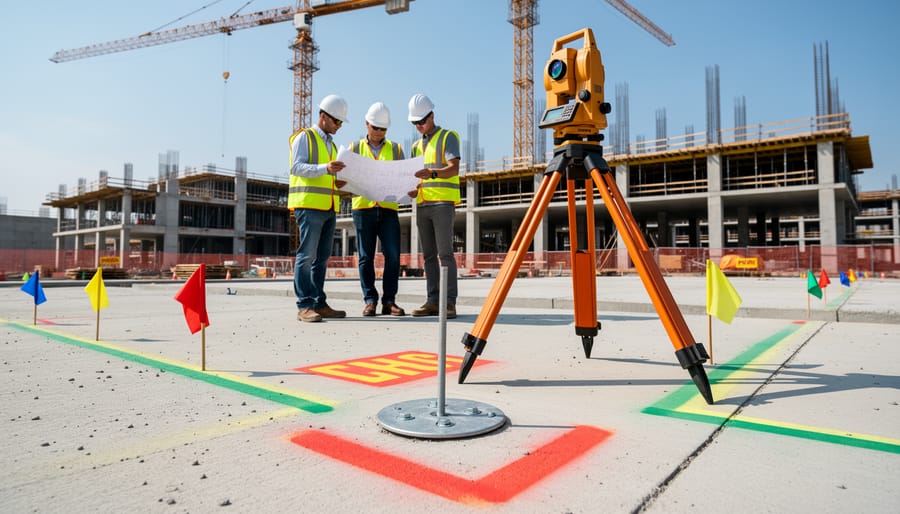 Survey stake with orange flagging tape marking control point next to concrete foundation