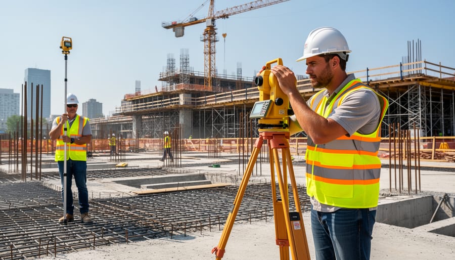 Construction surveyor operating total station equipment at building site