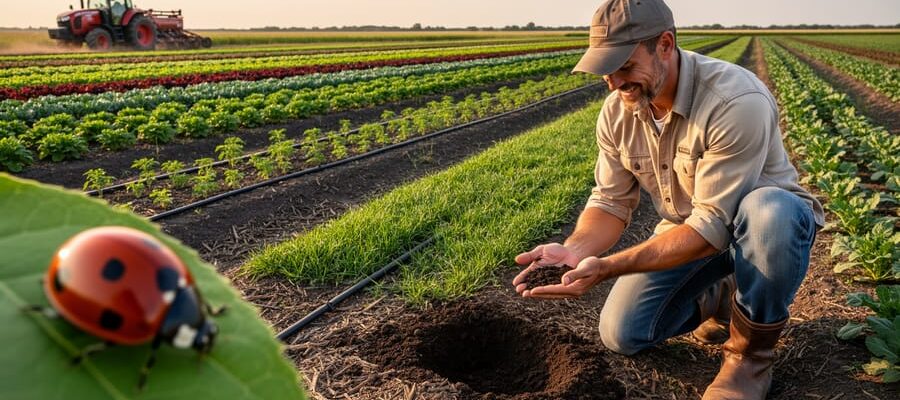 Farmer kneeling to inspect soil in a row-crop field with drip irrigation lines, cover crops between rows, reduced-tillage residue, and a no-till tractor in the distance at golden hour.