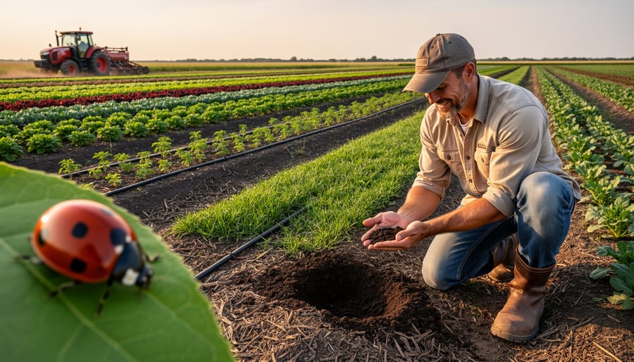 Farmer kneeling to inspect soil in a row-crop field with drip irrigation lines, cover crops between rows, reduced-tillage residue, and a no-till tractor in the distance at golden hour.