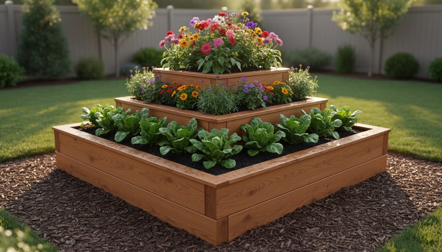 Completed three-tier raised garden bed with plants growing on all levels in backyard setting