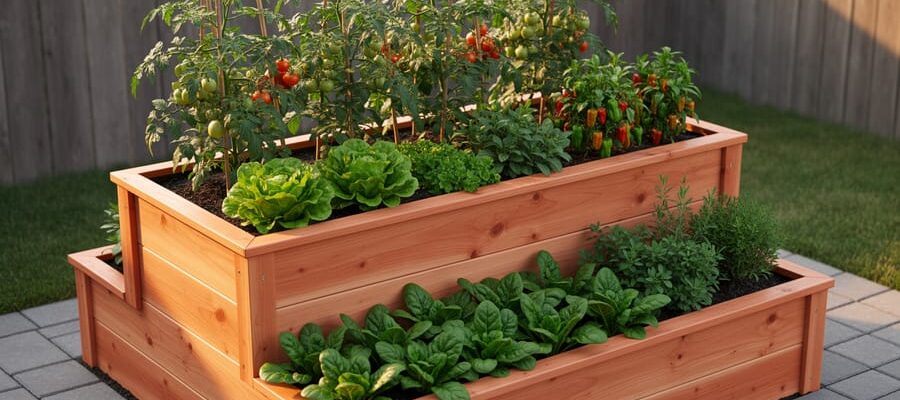 Three-tier cedar raised garden bed on a small patio with tomatoes and peppers on the top tier, lettuce and herbs in the middle, and spinach on the bottom, photographed at golden hour.