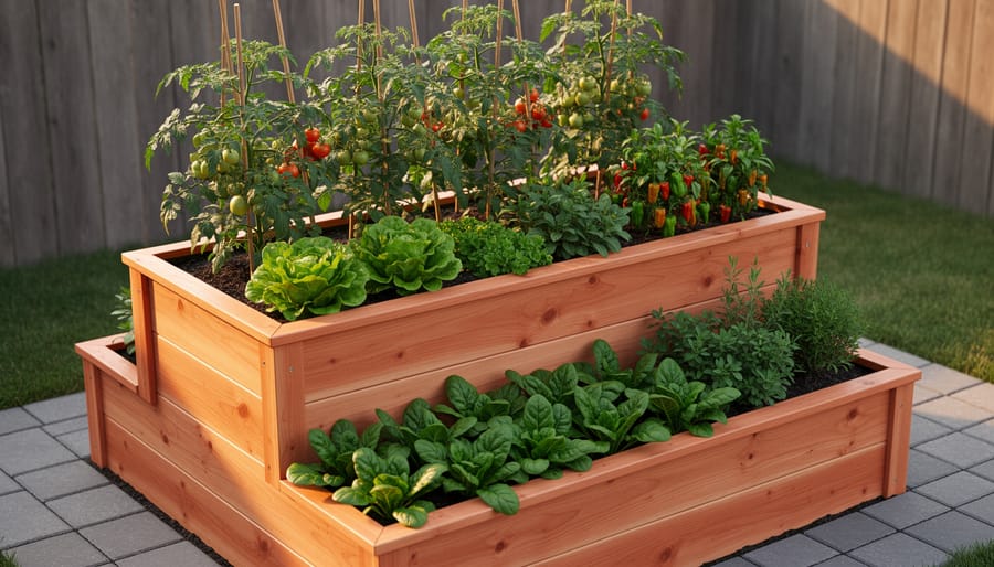 Three-tier cedar raised garden bed on a small patio with tomatoes and peppers on the top tier, lettuce and herbs in the middle, and spinach on the bottom, photographed at golden hour.