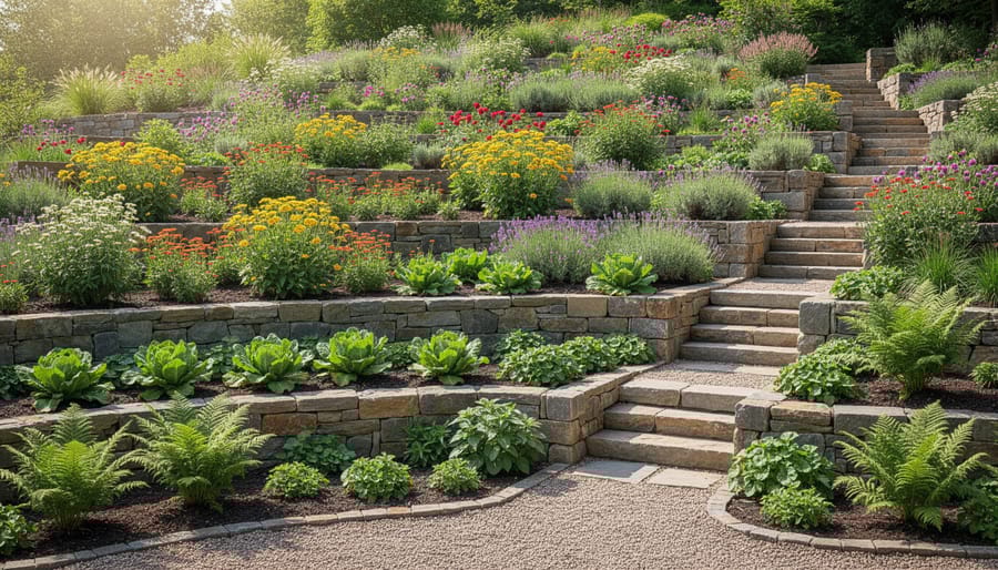 Three-tier raised garden bed with different vegetables and herbs growing on each level