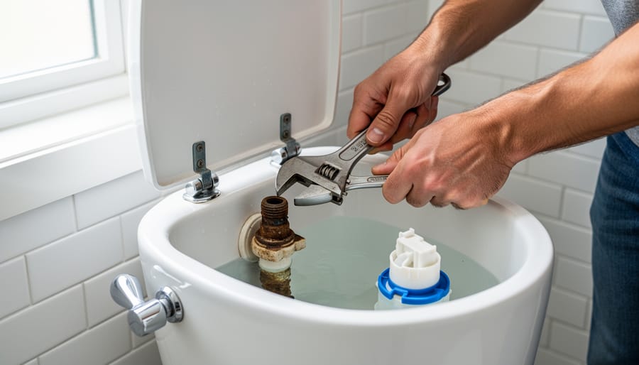 Hands adjusting toilet fill valve inside tank with wrench