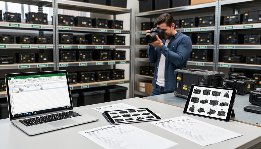Overhead view of organized tool inventory on workbench being photographed for documentation