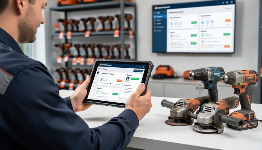 Overhead view of tool maintenance with service documentation and replacement parts
