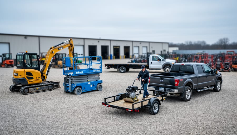 Rental facility yard with mini excavator and scissor lift near a flatbed delivery truck, while a customer loads a plate compactor onto a trailer, illustrating delivery versus self-pickup options.