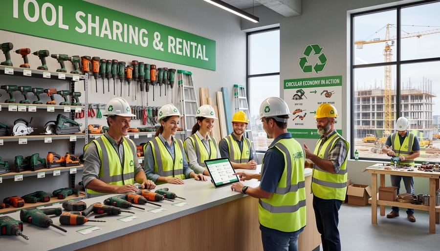Organized tool sharing wall with construction equipment and worker selecting tools