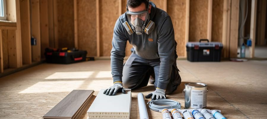 Contractor wearing a respirator and gloves kneels on a subfloor examining vinyl flooring planks, foam insulation, PVC pipe, electrical cable, a paint can, and sealant tubes in a partially renovated room with exposed studs and soft daylight.