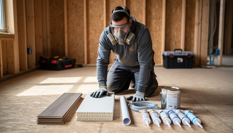 Contractor wearing a respirator and gloves kneels on a subfloor examining vinyl flooring planks, foam insulation, PVC pipe, electrical cable, a paint can, and sealant tubes in a partially renovated room with exposed studs and soft daylight.