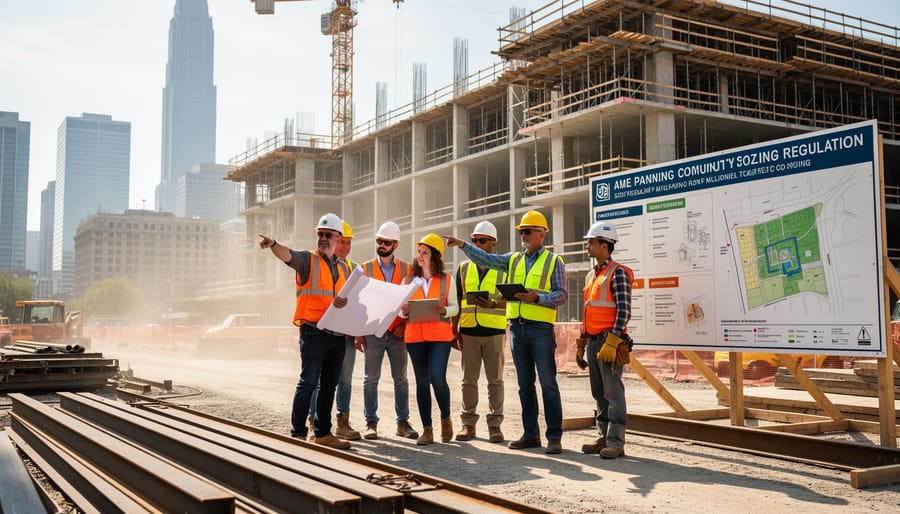 Urban planner reviewing blueprints at construction site wearing safety equipment