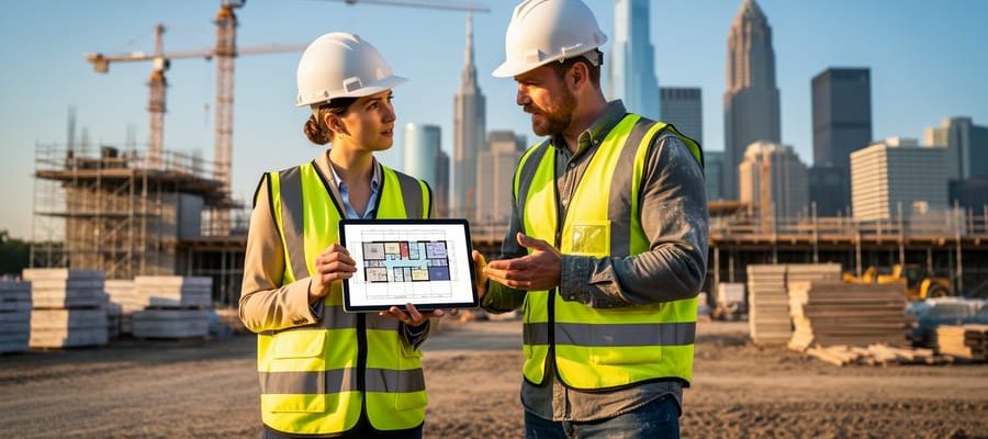 Urban planner in hard hat and reflective vest reviewing plans on a tablet with a builder at an active construction site, with cranes, scaffolding, and a city skyline softly blurred in the background under warm side lighting