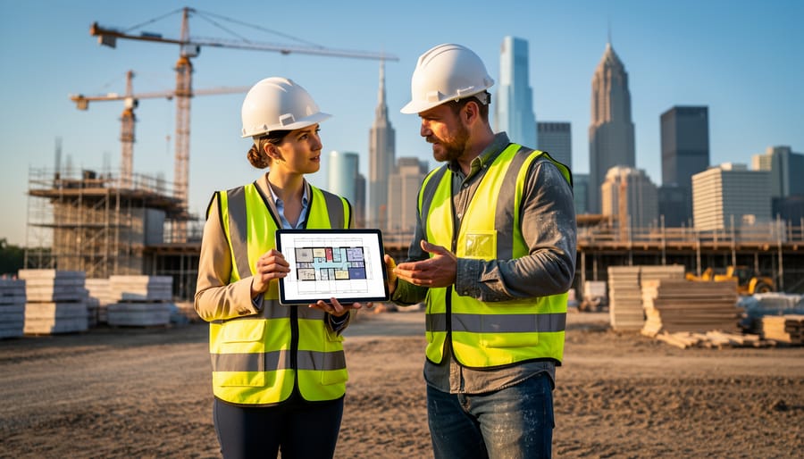 Urban planner in hard hat and reflective vest reviewing plans on a tablet with a builder at an active construction site, with cranes, scaffolding, and a city skyline softly blurred in the background under warm side lighting