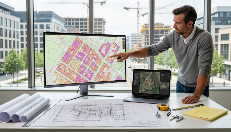 Urban planning tools including digital tablet with GIS software and surveying equipment on desk