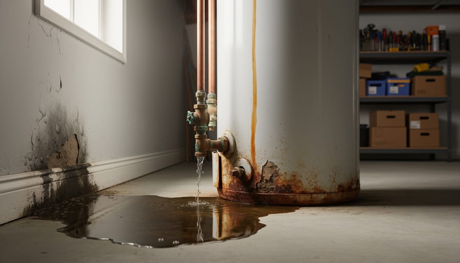 Water heater with visible leak and rust damage on basement floor