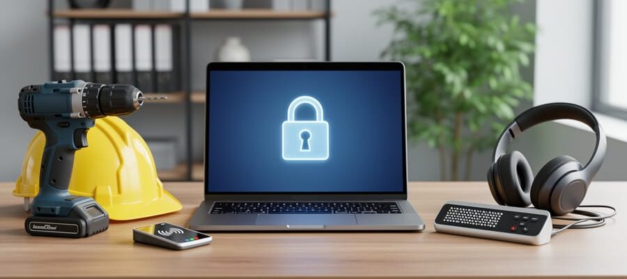 Laptop with glowing padlock icon on a wooden desk next to a power drill, yellow hard hat, refreshable braille display, over-ear headset, and a contactless card reader, with a softly blurred office in the background.