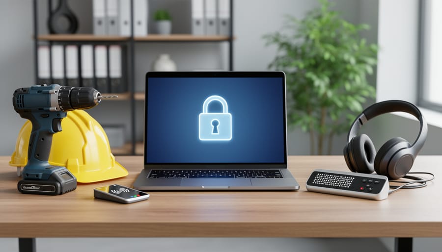 Laptop with glowing padlock icon on a wooden desk next to a power drill, yellow hard hat, refreshable braille display, over-ear headset, and a contactless card reader, with a softly blurred office in the background.
