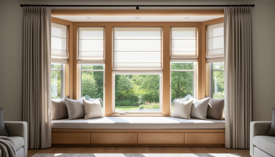 Window seat with roman shades showing proper window treatment installation
