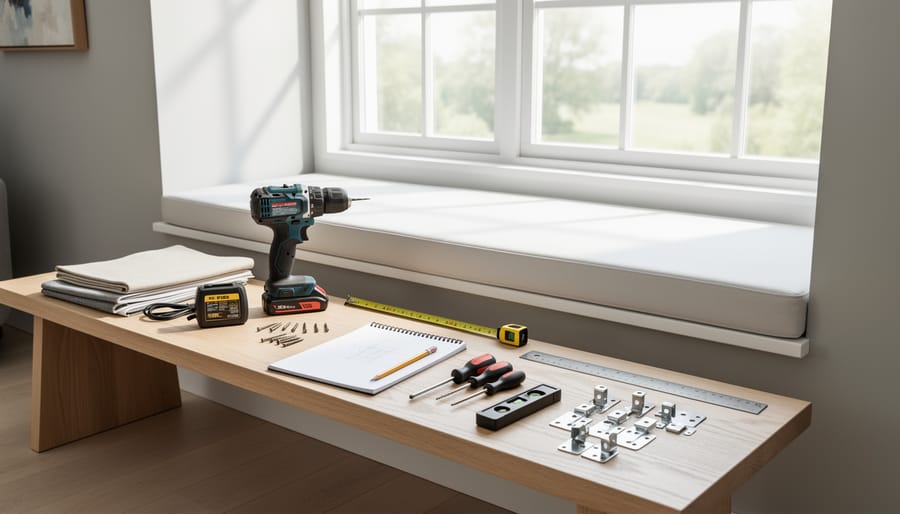 Essential tools for window treatment installation including drill, level, and mounting hardware