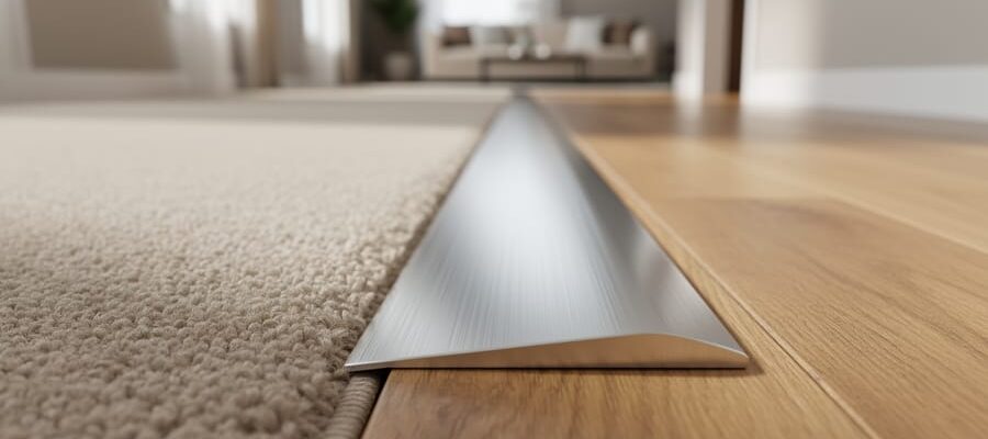 Ground-level close-up of a brushed aluminum Z-bar transition strip between plush carpet and oak hardwood, sharply focused on the smooth ramped edge with a softly blurred hallway and living room beyond.