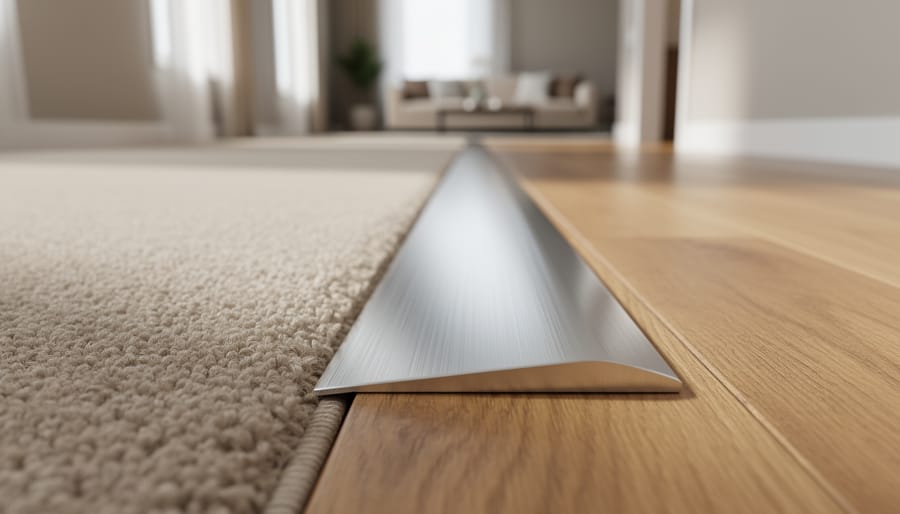 Ground-level close-up of a brushed aluminum Z-bar transition strip between plush carpet and oak hardwood, sharply focused on the smooth ramped edge with a softly blurred hallway and living room beyond.