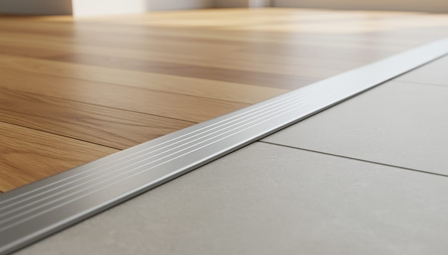 Close-up of Z-bar flooring transition connecting hardwood to carpet in doorway