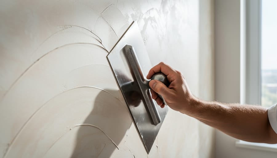Hands applying Venetian plaster to wall with steel trowel showing application technique