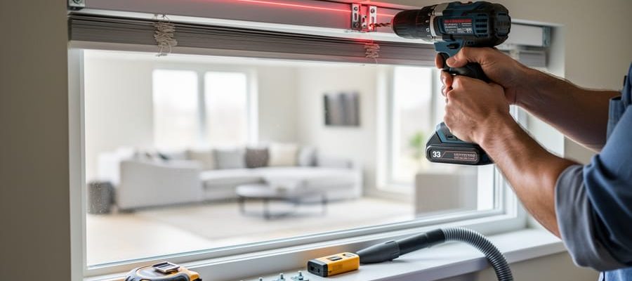 Hands installing blind brackets above a large interior window using a cordless drill, guided by a red laser line, with a tape measure, stud finder, bracket spacers, and a small vacuum hose on the sill; bright natural light and a softly blurred living room in the background.