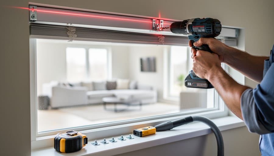 Hands installing blind brackets above a large interior window using a cordless drill, guided by a red laser line, with a tape measure, stud finder, bracket spacers, and a small vacuum hose on the sill; bright natural light and a softly blurred living room in the background.