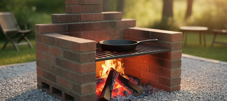U-shaped brick outdoor stove on gravel with small fire and cast-iron skillet on a flat grate, low brick chimney, golden hour light, with backyard seating and trees softly blurred in the background.