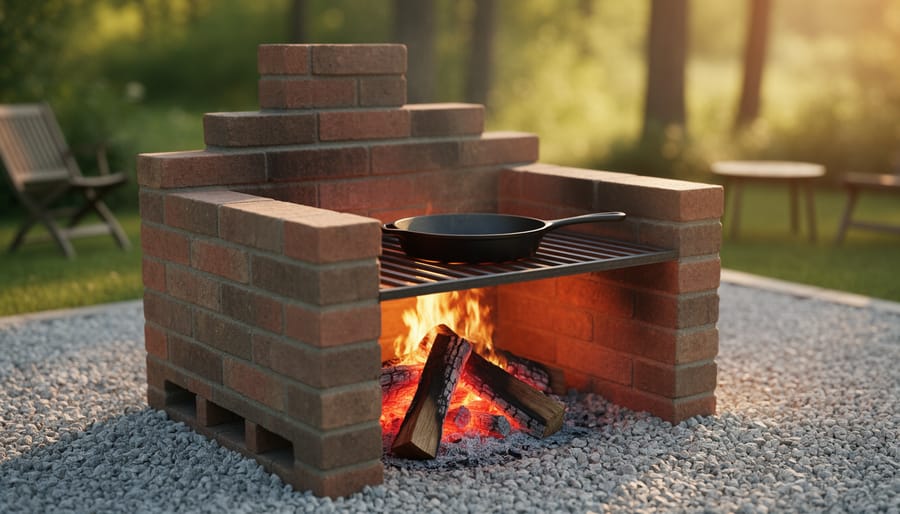 U-shaped brick outdoor stove on gravel with small fire and cast-iron skillet on a flat grate, low brick chimney, golden hour light, with backyard seating and trees softly blurred in the background.
