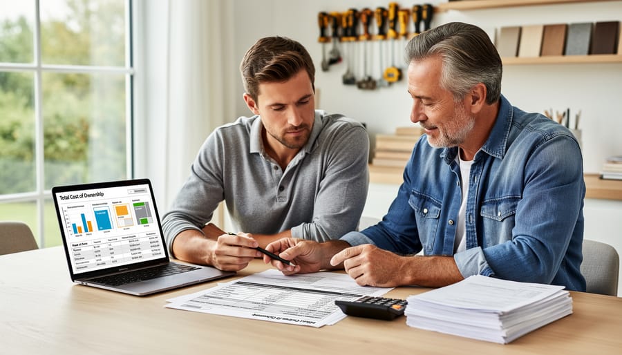 Overhead view of calculator, notebook, and building material samples on desk for cost planning