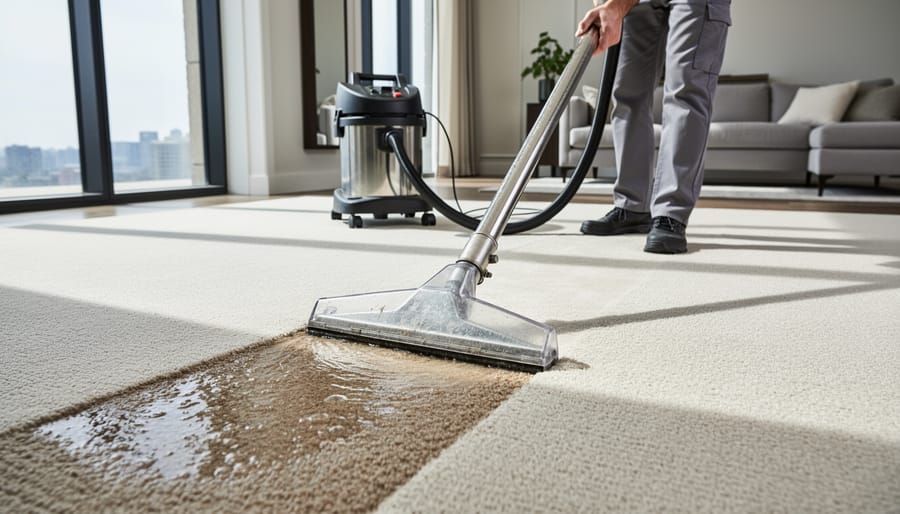 Close-up of carpet extractor wand removing water and cleaning solution from commercial carpet