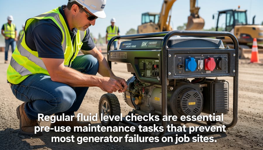 Construction worker checking oil level on portable generator at job site