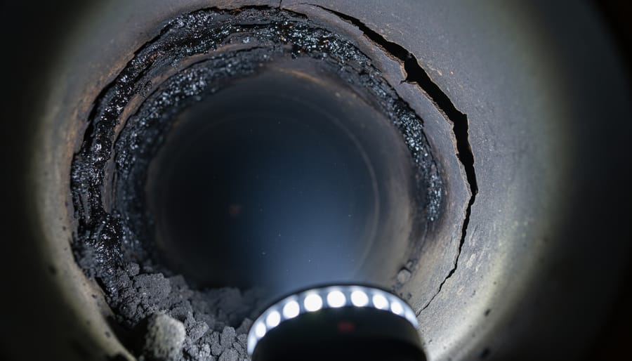 Interior view of chimney flue showing creosote buildup and damaged liner