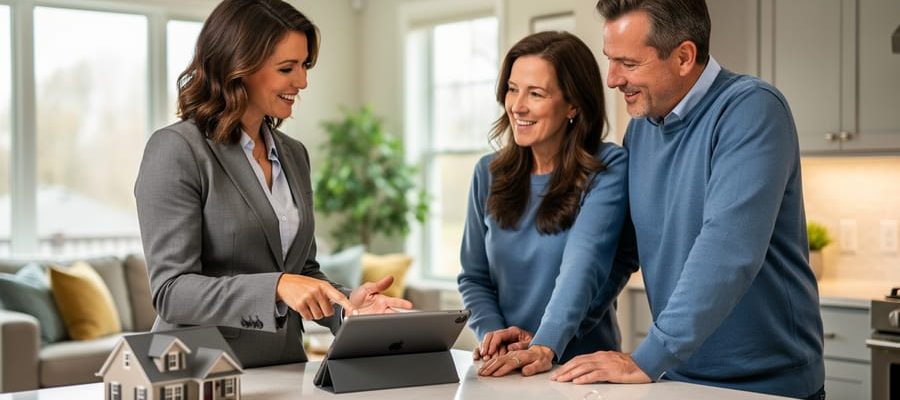 Real estate agent meeting with a couple at a kitchen island, pointing at a tablet while a model house and keys rest on the table, bright natural light with a blurred living room in the background.