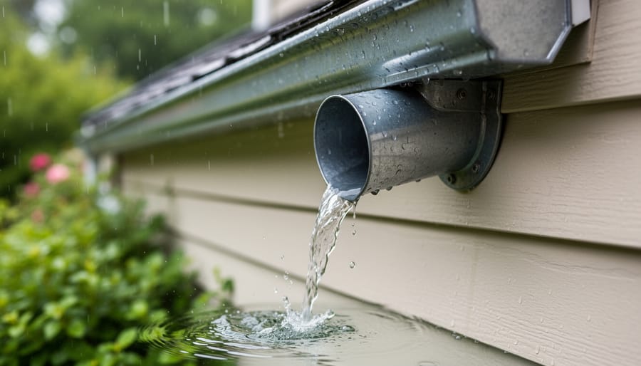 Clean water flowing freely through residential downspout after gutter cleaning