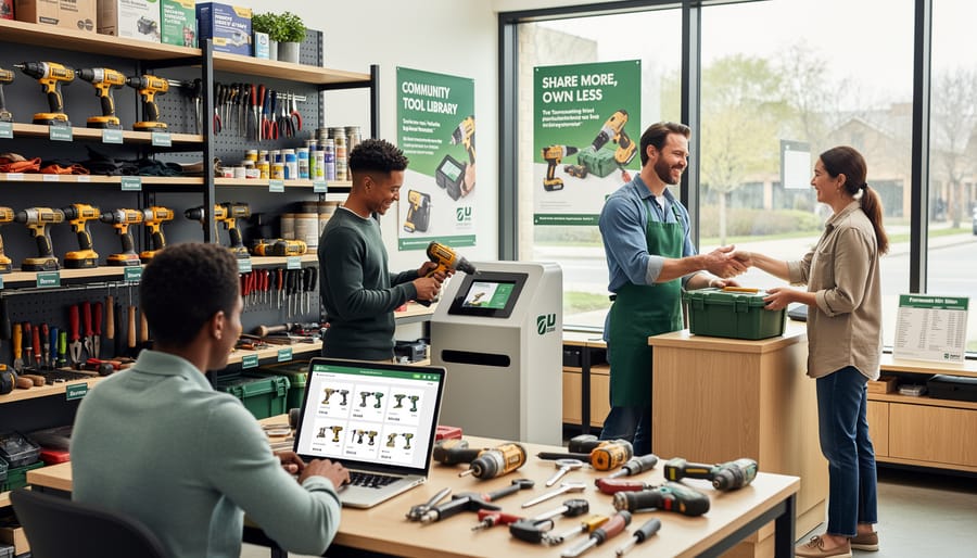 People sharing and examining tools at community tool library space