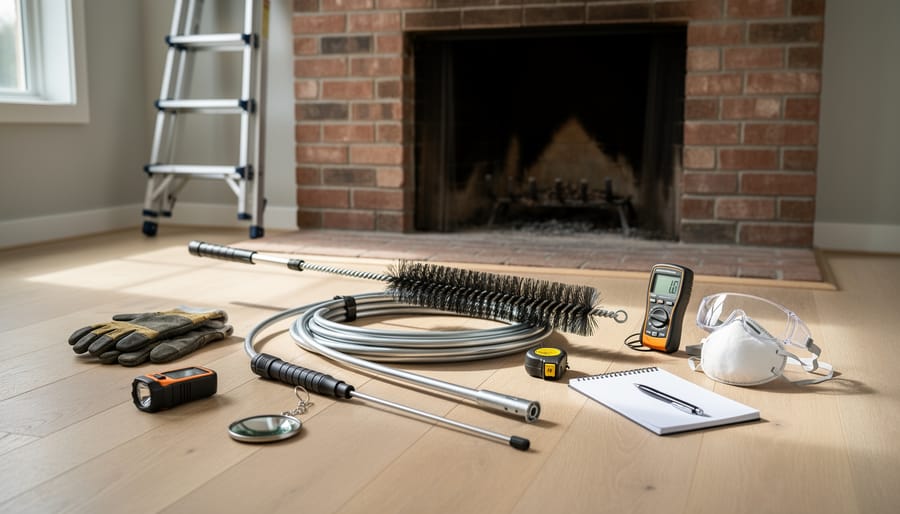 Array of chimney inspection tools including brushes, rods, and safety equipment laid out before use