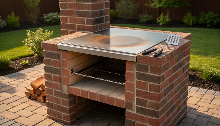 Completed outdoor brick stove with fire burning and cooking grate on top in backyard setting