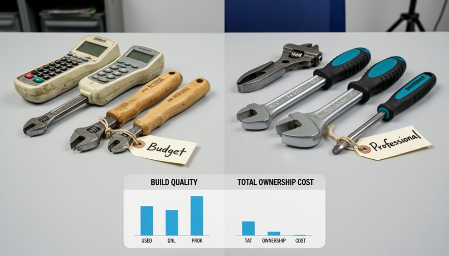 Budget and professional air compressors displayed side by side in workshop