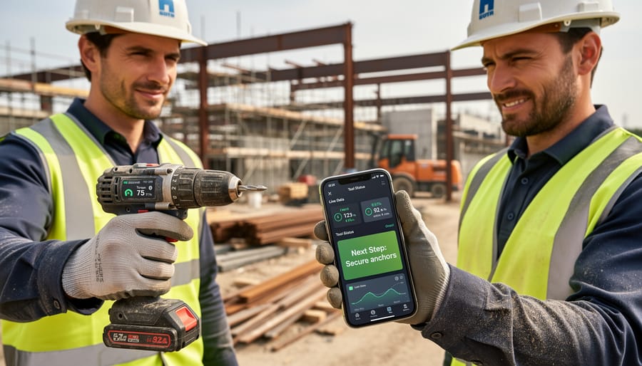 Worker holding smart power drill with digital display and connected smartphone showing app interface