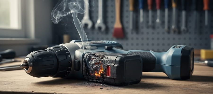 Close-up of a cordless power drill on a wooden workbench with a swollen, scorched battery emitting faint smoke, dramatic side light; blurred pegboard with neatly hung tools in the background.