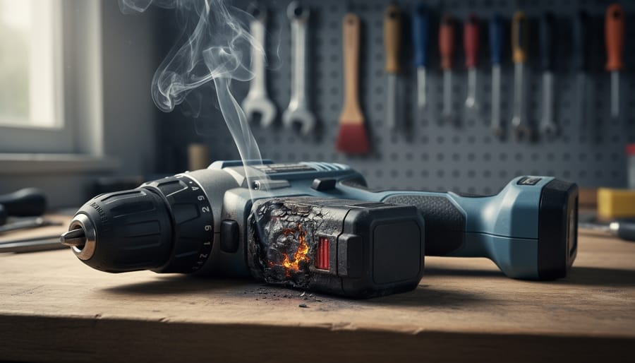 Close-up of a cordless power drill on a wooden workbench with a swollen, scorched battery emitting faint smoke, dramatic side light; blurred pegboard with neatly hung tools in the background.