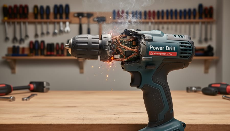 Damaged counterfeit power drill with melted plastic and burned wiring on workbench